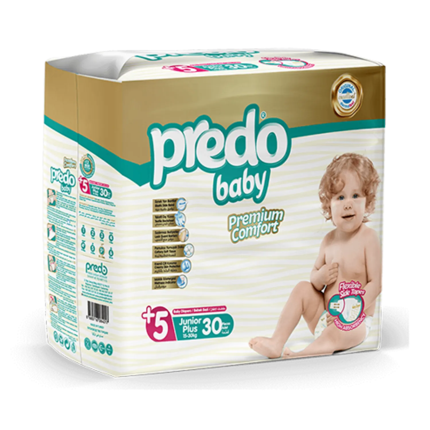 حفاضات بريدو بيبي بريميوم كومفورت لاصقة مقاس +5 (Junior Plus) – 30 قطعة